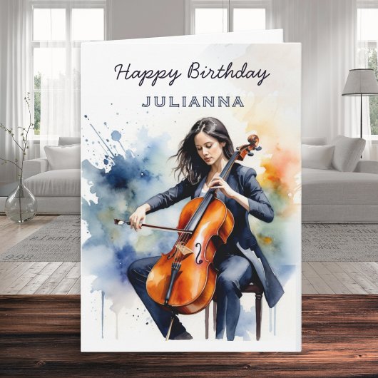Custom Watercolor Cellist Musician Happy Birthday Karte