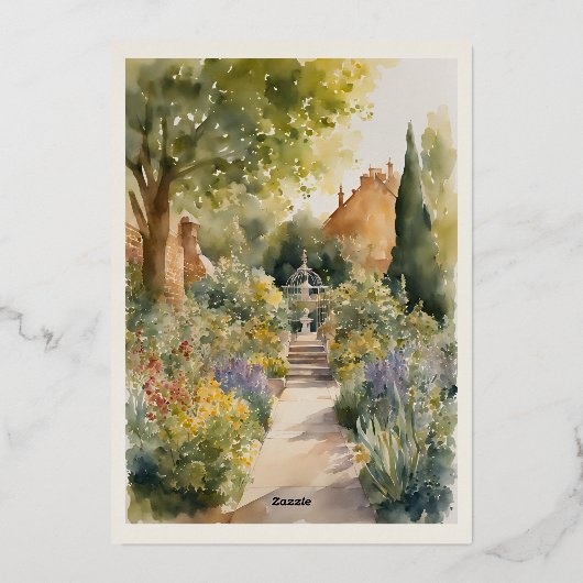 Custom Watercolor Chelsea Physic Garden Wedding Folieneinladung (Rückseite)