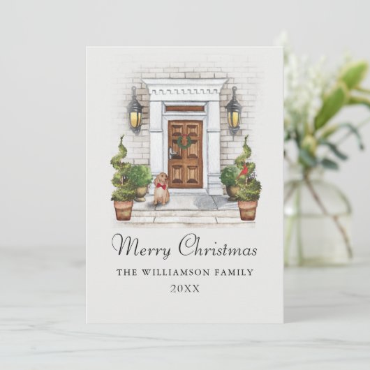 Custom Watercolor House and Dog Weihnachten (Stehend Vorderseite)