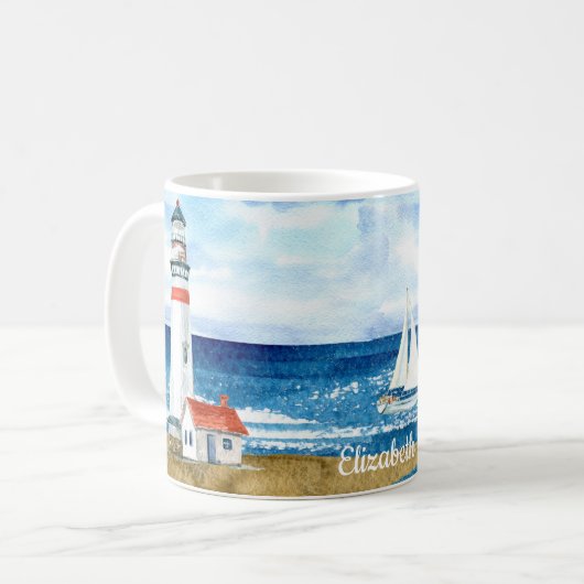Custom Watercolor Lighthouse Sailboat Beach Kaffeetasse (Vorderseite Links)