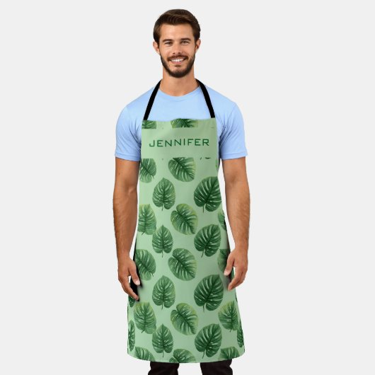 Custom Watercolor Monstera Leaf Pattern Name Schürze (Getragen)