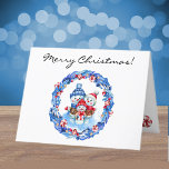Custom, Watercolor Snowman Family Frohe Weihnachte Feiertagskarte<br><div class="desc">Eine lustige, skurrile Weihnachtskarte mit einer gebündelten Schneemannsfamilie im Schnee, die in einem Süßigkeiten- und Sternenblau-Kranz gerahmt ist. Ändern Sie einfach den stylischen Skripttext vorne, innen und hinten, um ihn mithilfe der Vorlage zu speichern. Der weiße Umschlag ist inbegriffen oder markieren Sie "none" für den reduzierten Preis. Größe 4"x5.6" (abgebildet)...</div>