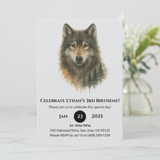 Custom Watercolor Wolf Birthday Einladung (Stehend Vorderseite)