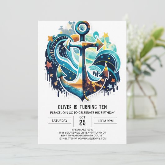 Custom Waves Blue Ocean Geburtstag Einladung (Stehend Vorderseite)