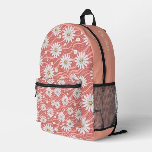 Custom Wavy Pink Daisies Bedruckter Rucksack (Rückseitige Ecke Rechts)