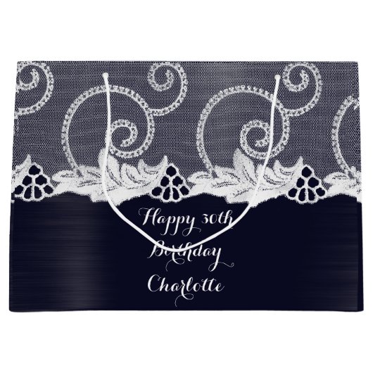 Custom Wedday Graphite White Lace Navy Große Geschenktüte (Vorderseite)