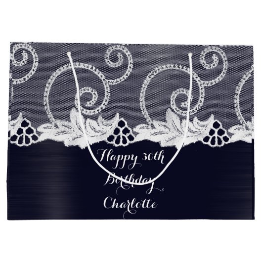 Custom Wedday Graphite White Lace Navy Große Geschenktüte (Rückseite)