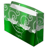Custom Wedding Birthday Emerald Greenly White Lace Große Geschenktüte (Rückseite Schrägansicht)