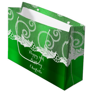 Custom Wedding Birthday Emerald Greenly White Lace Große Geschenktüte
