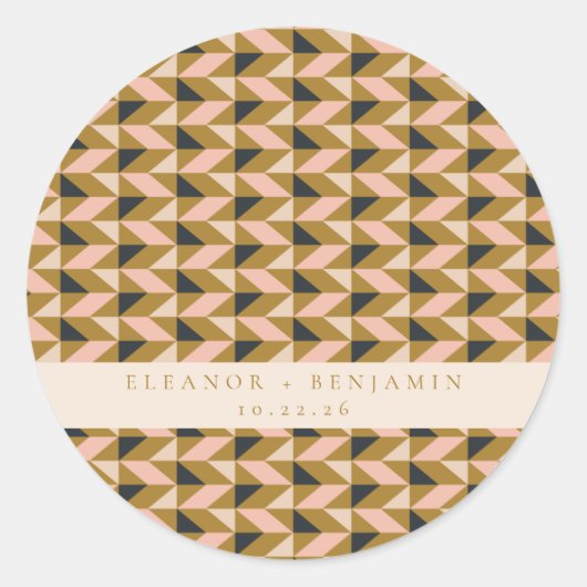 Custom Wedding Blush Gold Black Geometric Chic Runder Aufkleber (Vorderseite)