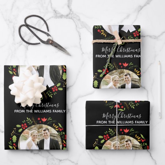 Custom Wedding Couple Weihnachts Foto Chic Black Geschenkpapier Set (Vorderseite)