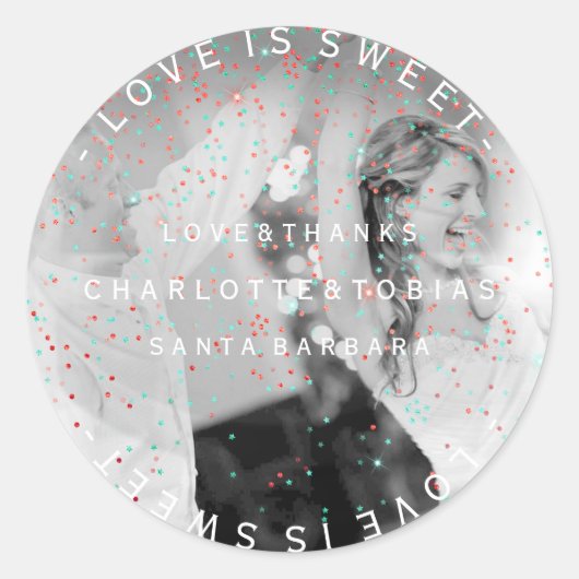 Custom Wedding Dank Aquamarin Pink Foto Gefallen Runder Aufkleber (Vorderseite)
