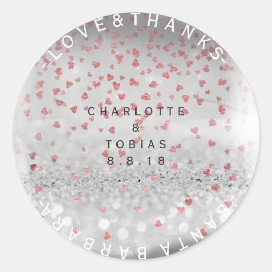 Custom Wedding dank rosa Rose Herz Silver Runder Aufkleber (Vorderseite)