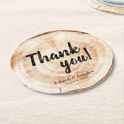 Custom Wedding danke Ihnen Holz Grain Rustic Runder Pappuntersetzer (Angewinkelt)