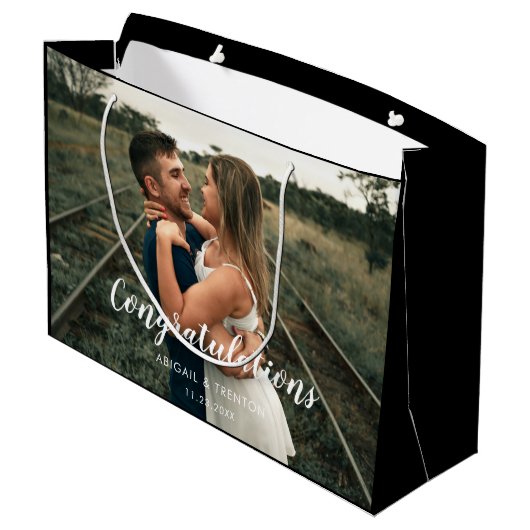 Custom Wedding Day Foto Große Geschenktüte (Rückseite Schrägansicht)