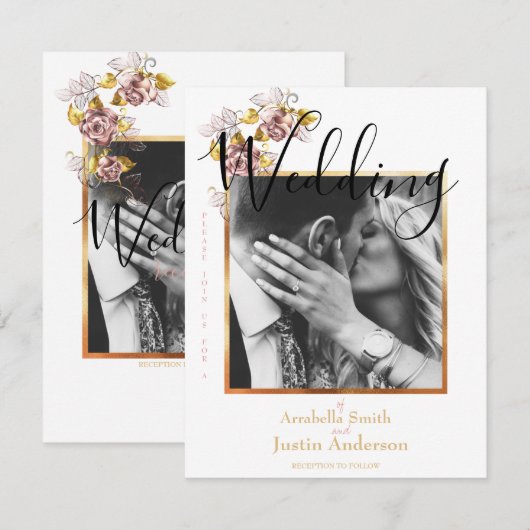 Custom Wedding Foto Floral Gold Script Weiß Einladung (Vorne/Hinten)