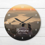 Custom Wedding Foto Mit Monogramm Große Wanduhr<br><div class="desc">Erstellen Sie eine spezielle rund- oder quadratische Wanduhr personalisiert mit Ihrem Hochzeitsdatum, Name Monogramm und feststehendem Datum. Das Design besticht durch einfache moderne Schriftart, die sich auf Ihr volles Foto überlagern. Verwenden Sie die Entwurfswerkzeuge, um Schriftart und Farben zu wählen, die Ihren eigenen Wohngestaltungen-Stil entsprechen. Eine benutzerdefinierte Uhr ist eine...</div>