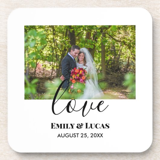 Custom Wedding Foto Simple Elegante Calligraphy Getränkeuntersetzer (Vorderseite)