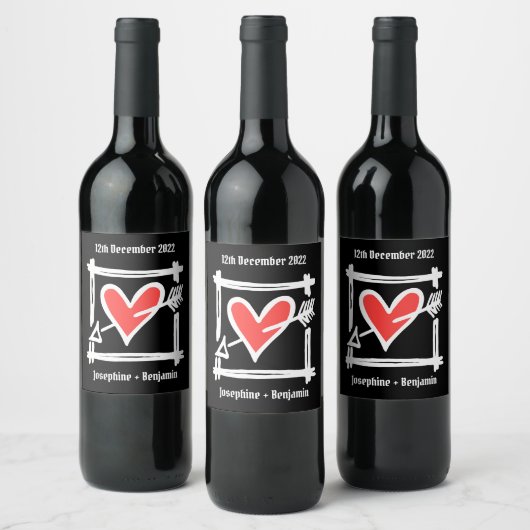 Custom Wedding Liebe Herz Black & Red Flasche Labe Weinetikett (Flaschen)