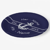 Custom Wedding Nautical Anchor Navy Blue Pappteller (Schrägansicht)
