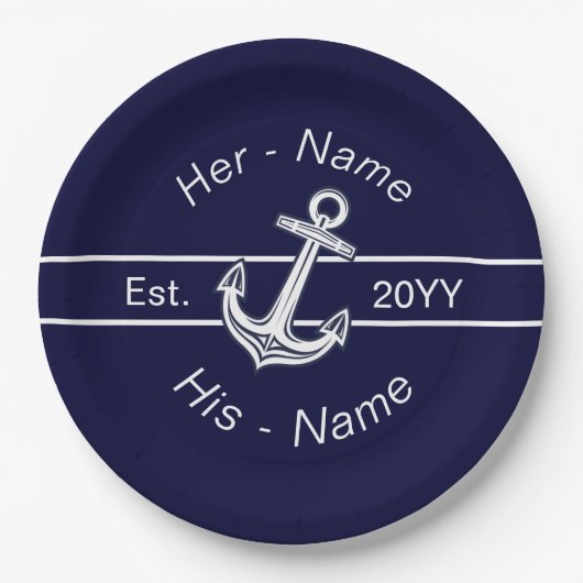 Custom Wedding Nautical Anchor Navy Blue Pappteller (Vorderseite)