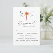 Custom Wedding RSVP Cards Red Dragonfly (Stehend Vorderseite)