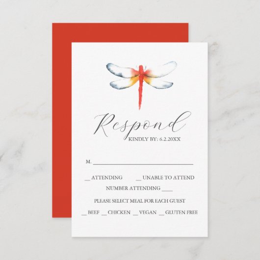 Custom Wedding RSVP Cards Red Dragonfly (Vorne/Hinten)