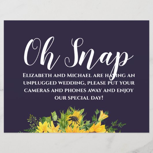 Custom Wedding Signs Navy Blue Yellow Sunflowers (Vorderseite)