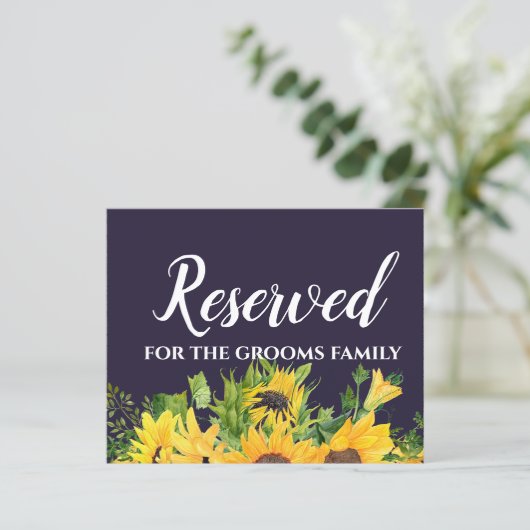 Custom Wedding Signs Navy Blue Yellow Sunflowers (Stehend Vorderseite)