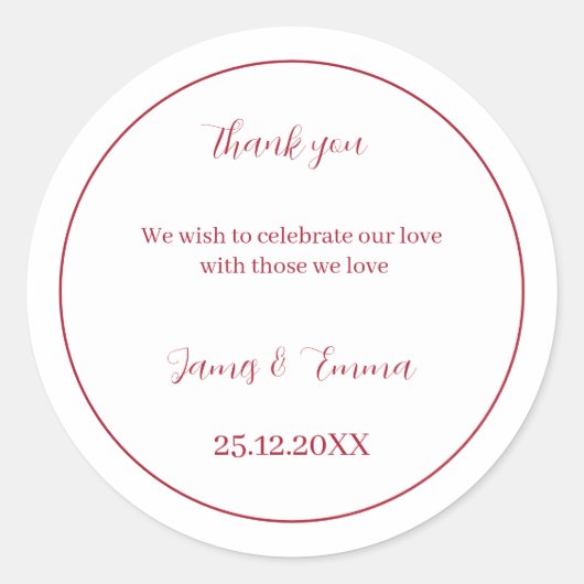 Custom Wedding Simple Red Runder Aufkleber (Vorderseite)