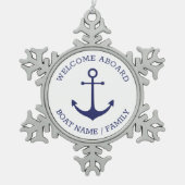 Custom Welcome Aboard nautical anchor blue white Schneeflocken Zinn-Ornament (Vorderseite)