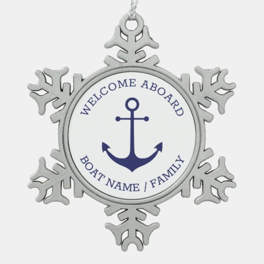 Custom Welcome Aboard nautical anchor blue white Schneeflocken Zinn-Ornament (Vorderseite)