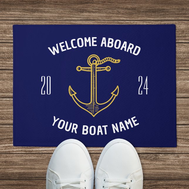 Custom Welcome an Bord Name Navy Blue Gold Fußmatte (Von Creator hochgeladen)