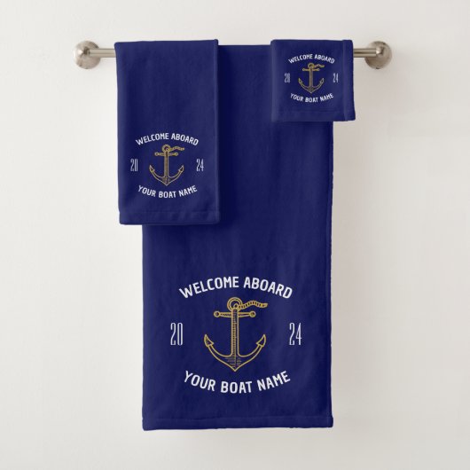 Custom Welcome on Board Name Navy Blue & Gold Badhandtuch Set (Insitu)