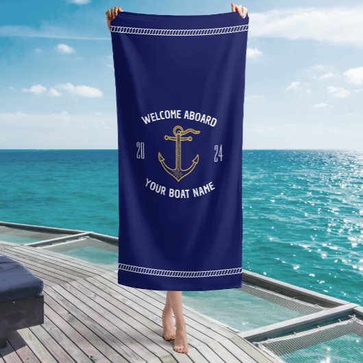Custom Welcome on Board Name Navy Blue & Gold Strandtuch