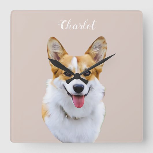 Custom Welsh Corgi Dog Personalisiert Zeichnend Quadratische Wanduhr (Vorderseite)