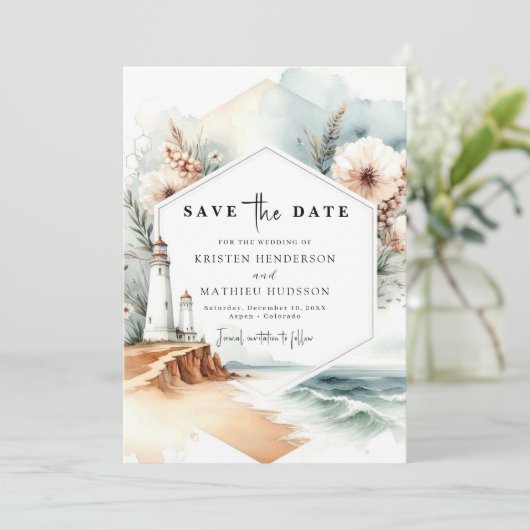 Custom Whimsical Charm Lighthouse Hochzeit Save The Date (Stehend Vorderseite)