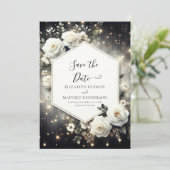 Custom Whimsical White Roses Wedding Save The Date (Stehend Vorderseite)