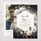Custom Whimsical White Roses Wedding Save The Date (Vorne/Hinten)