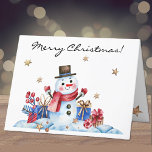 Custom, Whimsy Retro Snowman frohe Weihnachten<br><div class="desc">Eine lustige, skurrile Weihnachtskarte, die mit einem Retro-Schneemann mit einem Top-Hut geschmückt ist, umgeben von verpackten Packungen und fallenden goldenen Sternen. Ändern Sie einfach den stylischen Skripttext vorne, innen und hinten, um ihn mithilfe der Vorlage zu speichern. Der weiße Umschlag ist inbegriffen oder markieren Sie "none" für den reduzierten Preis....</div>