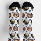 Custom White 2 Pet Foto Blue Paw Prints Socken (Oben)