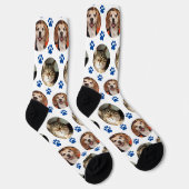 Custom White 2 Pet Foto Blue Paw Prints Socken (Rechts)