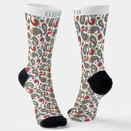 Custom White Beige Red Green Paisley Pattern Socken (Gewinkelt)