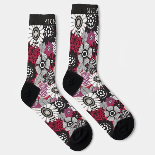 Custom White Black Red Floral Blume Socken (Rechts)