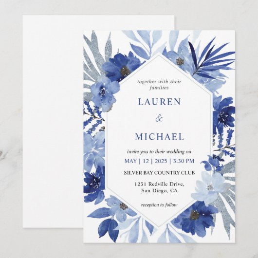 Custom White Blue Bouquet Frame Wedding Einladung (Vorne/Hinten)