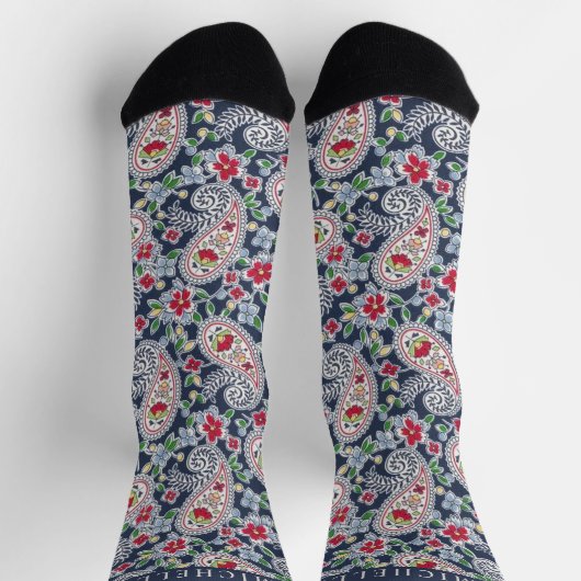 Custom White Blue Red Paisley Muster Socken (Oben)