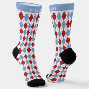 Custom WHite Blue Red Raute Muster Socken