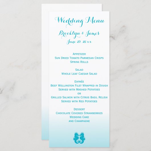 Custom White Blue Seepferd Wedelmenu Cards Menükarte (Vorne/Hinten)