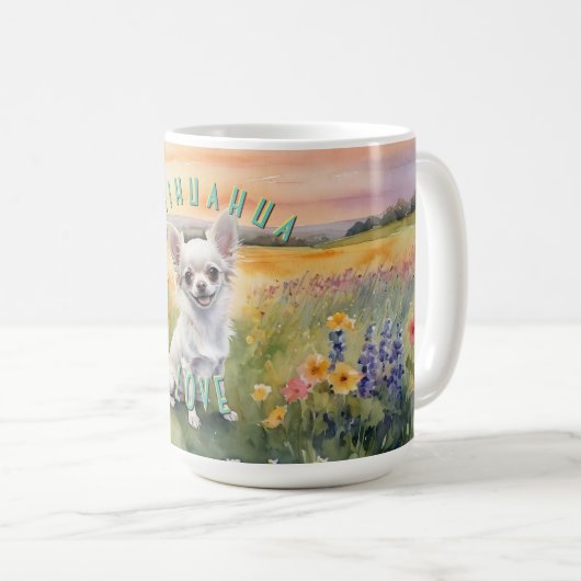 Custom White Chihuahua Sunrise, Miniature Liebe Kaffeetasse (VorderseiteRechts)