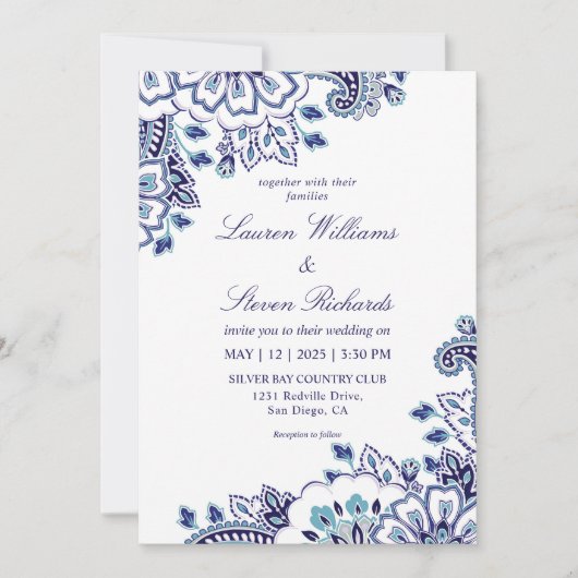 Custom White Dark Blue Colored Paisley Wedding Einladung (Vorderseite)